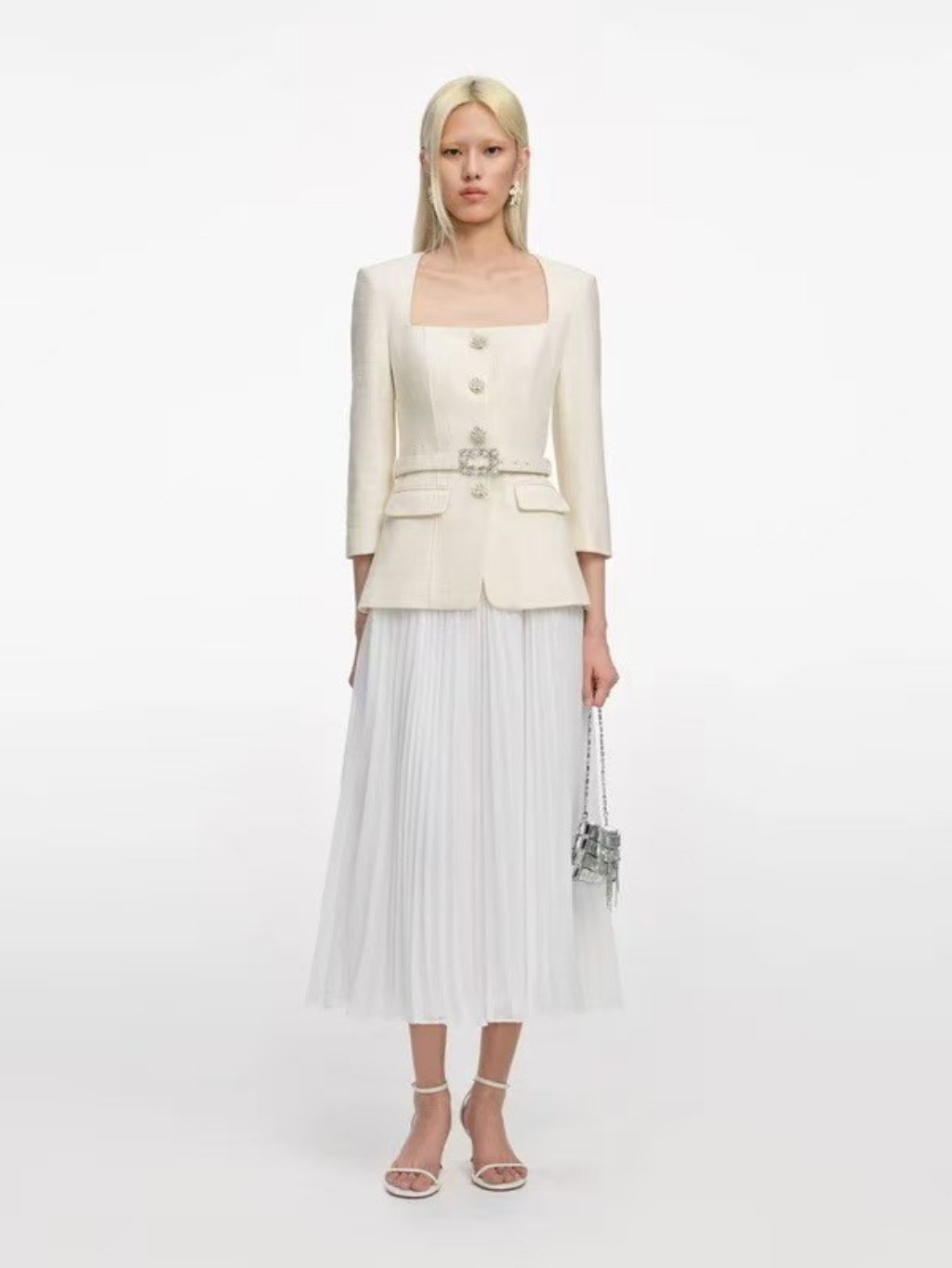 Self-Portrait Long-Sleeve Boucle Chiffon Midi Dress
